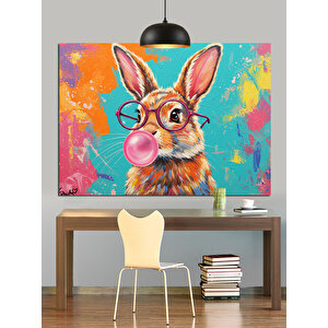 Sakız Çiğneyen Gözlüklü Tavşan Dekoratif Kanvas - Mdf Ahşap Tablo