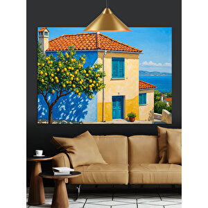 Sarı Çiçekli Mavi Ev Dekoratif Kanvas - Mdf Ahşap Tablo 35x50 cm