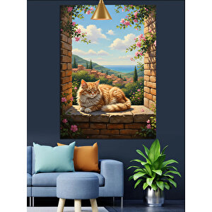 Taş Duvar Ve Kedi Dekoratif Kanvas - Mdf Ahşap Tablo 35x50 cm