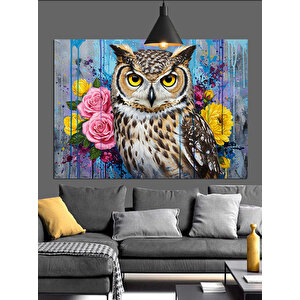 Renkli Çiçekler Arasında Baykuş Dekoratif Kanvas - Mdf Ahşap Tablo 70x100 cm