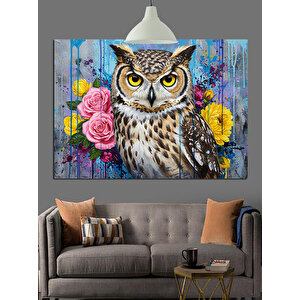 Renkli Çiçekler Arasında Baykuş Dekoratif Kanvas - Mdf Ahşap Tablo 70x100 cm