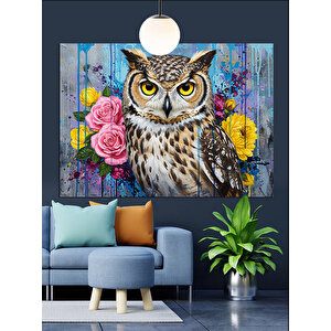 Renkli Çiçekler Arasında Baykuş Dekoratif Kanvas - Mdf Ahşap Tablo