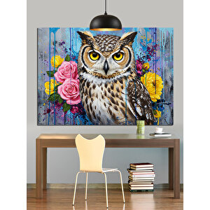 Renkli Çiçekler Arasında Baykuş Dekoratif Kanvas - Mdf Ahşap Tablo 35x50 cm