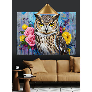 Renkli Çiçekler Arasında Baykuş Dekoratif Kanvas - Mdf Ahşap Tablo