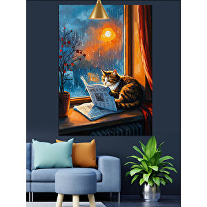Gazete Okuyan Kedi Dekoratif Kanvas - Mdf Ahşap Tablo