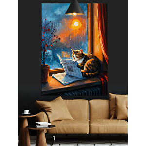 Gazete Okuyan Kedi Dekoratif Kanvas - Mdf Ahşap Tablo