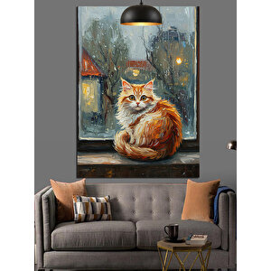 Yağmurlu Gecede Kedi Dekoratif Kanvas - Mdf Ahşap Tablo 70x100 cm