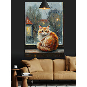 Yağmurlu Gecede Kedi Dekoratif Kanvas - Mdf Ahşap Tablo 70x100 cm