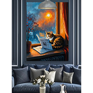 Gazete Okuyan Kedi Dekoratif Kanvas - Mdf Ahşap Tablo 70x100 cm