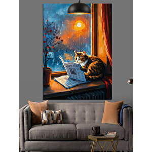 Gazete Okuyan Kedi Dekoratif Kanvas - Mdf Ahşap Tablo 70x100 cm