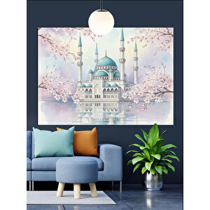 Pembe Çiçekli Beyaz Cami Dekoratif Kanvas - Mdf Ahşap Tablo 70x100 cm