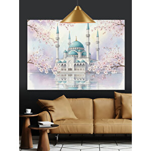 Pembe Çiçekli Beyaz Cami Dekoratif Kanvas - Mdf Ahşap Tablo 70x100 cm