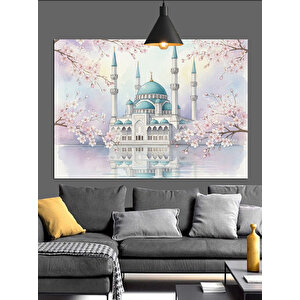 Pembe Çiçekli Beyaz Cami Dekoratif Kanvas - Mdf Ahşap Tablo 70x100 cm