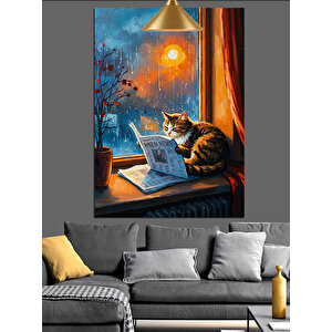 Gazete Okuyan Kedi Dekoratif Kanvas - Mdf Ahşap Tablo 70x100 cm