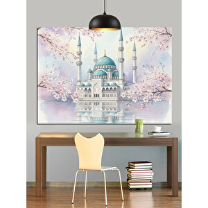 Pembe Çiçekli Beyaz Cami Dekoratif Kanvas - Mdf Ahşap Tablo