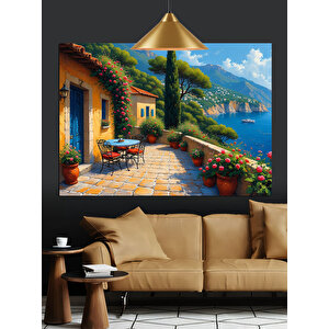 Akdeniz Sokakları Çiçekli Evler Dekoratif Kanvas - Mdf Ahşap Tablo 50x70 cm