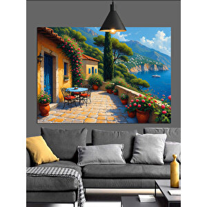 Akdeniz Sokakları Çiçekli Evler Dekoratif Kanvas - Mdf Ahşap Tablo 50x70 cm