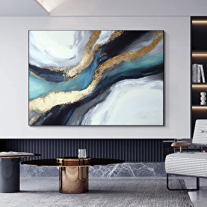 Lüks Mermer Duvar Dekoru – Lacivert Duvar Sanatı; Soyut Mermer Tablosu; Alkol Mürekkebi; Altın Merme 120x180 cm