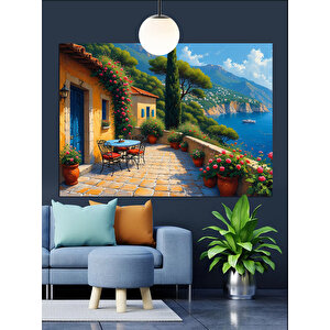 Akdeniz Sokakları Çiçekli Evler Dekoratif Kanvas - Mdf Ahşap Tablo 25x35 cm