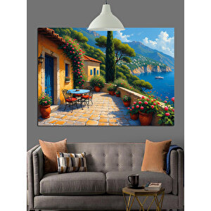 Akdeniz Sokakları Çiçekli Evler Dekoratif Kanvas - Mdf Ahşap Tablo