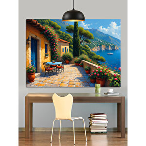 Akdeniz Sokakları Çiçekli Evler Dekoratif Kanvas - Mdf Ahşap Tablo