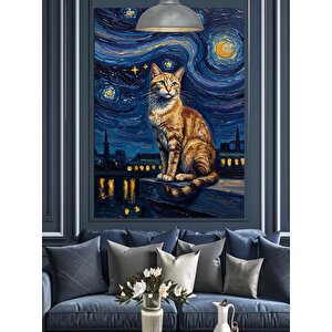 Yıldızlı Gece Kedi Dekoratif Kanvas - Mdf Ahşap Tablo