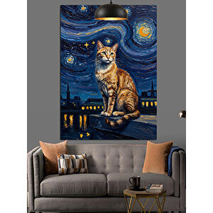 Yıldızlı Gece Kedi Dekoratif Kanvas - Mdf Ahşap Tablo