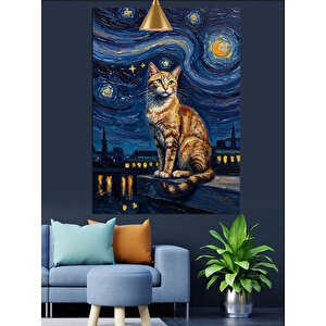Yıldızlı Gece Kedi Dekoratif Kanvas - Mdf Ahşap Tablo 35x50 cm