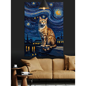 Yıldızlı Gece Kedi Dekoratif Kanvas - Mdf Ahşap Tablo 35x50 cm