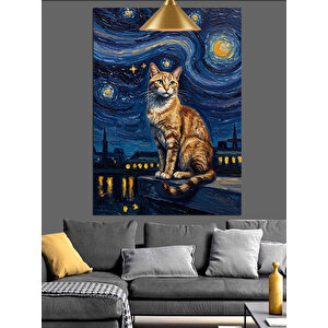 Yıldızlı Gece Kedi Dekoratif Kanvas - Mdf Ahşap Tablo 35x50 cm