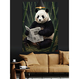 Gazete Okuyan Panda Dekoratif Kanvas - Mdf Ahşap Tablo