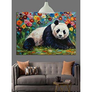 Çiçekler Arasında Yatan Panda Dekoratif Kanvas - Mdf Ahşap Tablo 35x50 cm