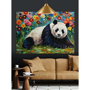 Çiçekler Arasında Yatan Panda Dekoratif Kanvas - Mdf Ahşap Tablo 70x100 cm
