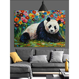 Çiçekler Arasında Yatan Panda Dekoratif Kanvas - Mdf Ahşap Tablo 70x100 cm
