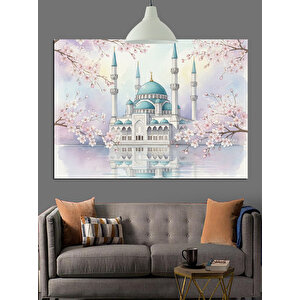 Pembe Çiçekli Beyaz Cami Dekoratif Kanvas - Mdf Ahşap Tablo
