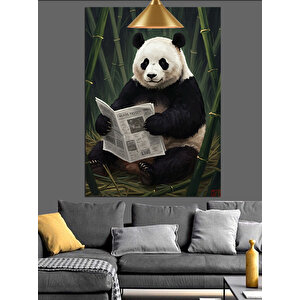 Gazete Okuyan Panda Dekoratif Kanvas - Mdf Ahşap Tablo
