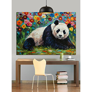 Çiçekler Arasında Yatan Panda Dekoratif Kanvas - Mdf Ahşap Tablo
