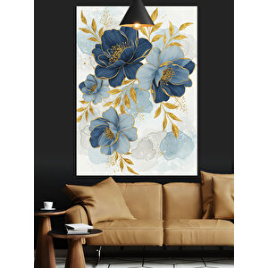 Mavi Çiçek Deseni Dekoratif Kanvas - Mdf Ahşap Tablo 70x100 cm