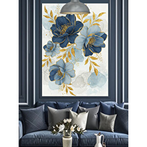 Mavi Çiçek Deseni Dekoratif Kanvas - Mdf Ahşap Tablo 70x100 cm