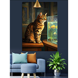 Akvaryuma Bakan Kedi Dekoratif Kanvas - Mdf Ahşap Tablo 35x50 cm