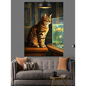 Akvaryuma Bakan Kedi Dekoratif Kanvas - Mdf Ahşap Tablo 70x100 cm