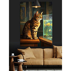 Akvaryuma Bakan Kedi Dekoratif Kanvas - Mdf Ahşap Tablo 70x100 cm