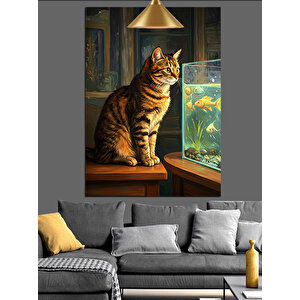 Akvaryuma Bakan Kedi Dekoratif Kanvas - Mdf Ahşap Tablo
