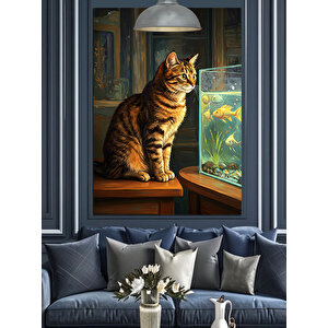 Akvaryuma Bakan Kedi Dekoratif Kanvas - Mdf Ahşap Tablo