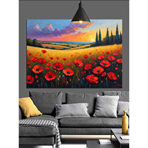 Kırmızı Gelinciklerle Çiçek Tarlası Dekoratif Kanvas - Mdf Ahşap Tablo 70x100 cm