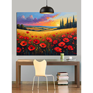 Kırmızı Gelinciklerle Çiçek Tarlası Dekoratif Kanvas - Mdf Ahşap Tablo 70x100 cm
