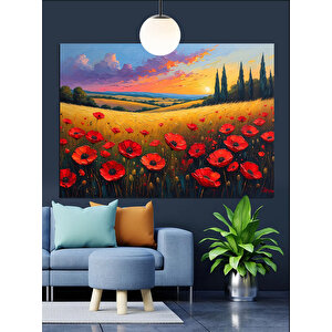 Kırmızı Gelinciklerle Çiçek Tarlası Dekoratif Kanvas - Mdf Ahşap Tablo