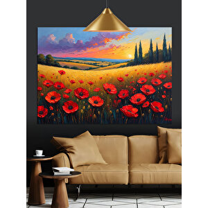 Kırmızı Gelinciklerle Çiçek Tarlası Dekoratif Kanvas - Mdf Ahşap Tablo