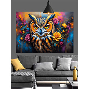 Renkli Çiçekler Arasında Baykuş Dekoratif Kanvas - Mdf Ahşap Tablo 35x50 cm