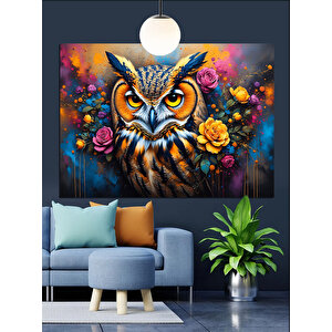 Renkli Çiçekler Arasında Baykuş Dekoratif Kanvas - Mdf Ahşap Tablo 50x70 cm